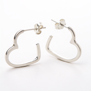 Sterling silver heart-shaped hoop earrings with open design, lightweight and secure with stud-post backing.