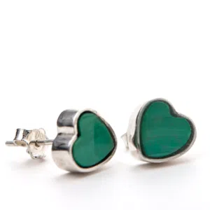 Handcrafted modern malachite green heart earrings encased in silver.