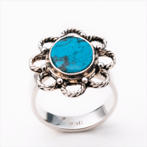 Peruvian Delight .950 sterling silver Andean Turquoise Rope ring with six hand-twisted rope loops, granulation beads, and natural turquoise cabochon