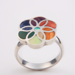 Peruvian Delight .950 sterling silver Chakra Bloom ring with eight semi-precious stone inlays in mandala flower settin