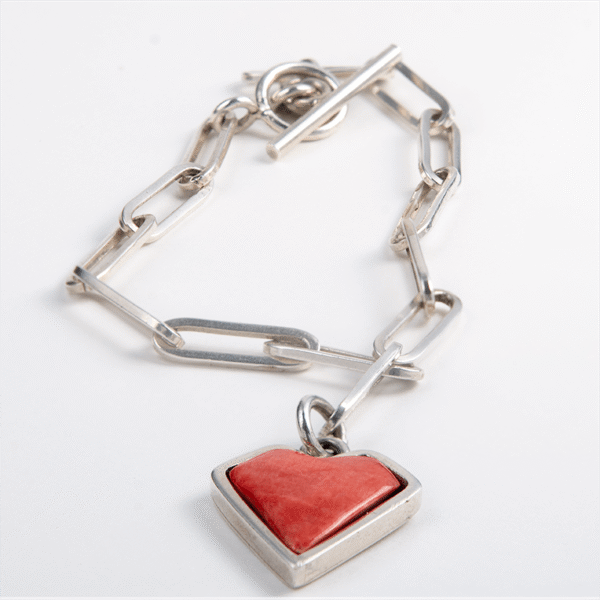 Red Spiny Oyster Heart Sterling Silver Bracelet