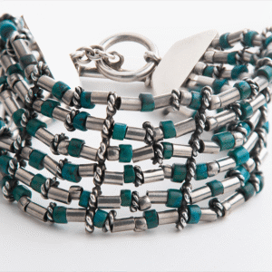 Peruvian Delight .950 sterling silver Tapestry multi-strand cuff bracelet with teal chrysocolla beads and marquise toggle clasp