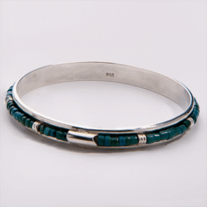 Peruvian Delight .950 sterling silver Andean Mosaic Bangle with hand-set chrysocolla heishi bead channe