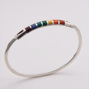 Peruvian Delight .950 sterling silver Andean Prism Inlay Bangle with channel-set coral, sodalite, chrysocolla and mother of pearl on polished hinged bangle