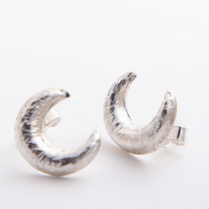 Peruvian Delight .950 sterling silver stud earrings — bold hand-hammered crescent moon form with oxidised finish