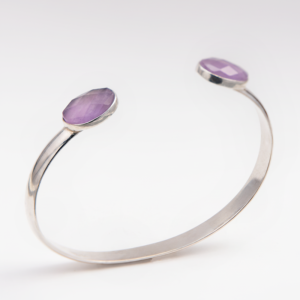Peruvian Delight .950 sterling silver Amethyst Dual Stone Open Cuff with two faceted oval amethysts bezel-set at open ends, high-polish flat band