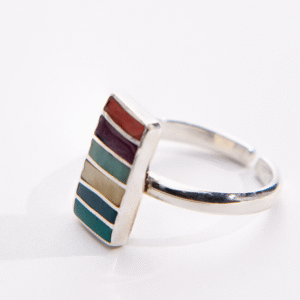 Peruvian Delight .950 sterling silver Andean Inlay Ring with five diagonal gemstone stripes — red coral, orange coral, purple coral, mother of pearl, sodalite, and chrysocolla