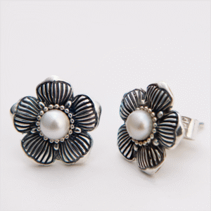 Peruvian Delight .950 sterling silver Pearl Blossom Flower Stud Earrings with freshwater pearl, oxidized ribbed petals, and granulation bezel detail