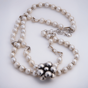 Peruvian Delight .950 sterling silver Bloom Pearl Flower Pendant Necklace with oxidized sculptural flower pendant on freshwater pearl and rondelle strand, adjustable extension chain