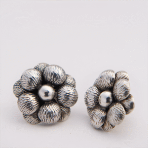 Peruvian Delight .950 sterling silver Bloom Pearl Flower stud earrings with oxidized sculptural flower pendant on freshwater pearl