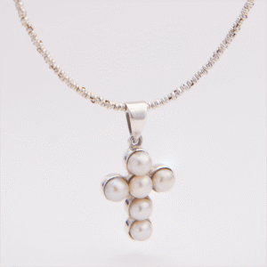 Peruvian Delight .950 sterling silver Pearl Cross Pendant Necklace with five bezel-set freshwater pearls in cross formation on rope-twist sterling chain, front view