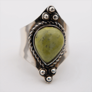 Peruvian Delight .950 sterling silver Nomad Serpentine Statement Ring with pear-cut olive cabochon, rope-twist bezel, wide diamond face, granulated ball accents
