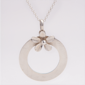 Peruvian Delight .950 sterling silver Petal Ring Circle Flower Pendant Necklace with brushed satin open circle pendant and high-polish five-petal flower accent on fine cable chain
