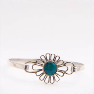 Peruvian Delight .950 sterling silver Turquoise Flower Bangle Bracelet with open wire-work daisy medallion, bezel-set natural turquoise cabochon, scroll connectors, and hinged brushed bangle band