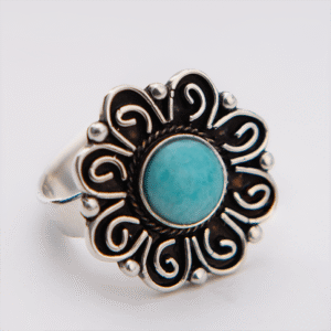 Peruvian Delight .950 sterling silver Amazonite statement Ring with round blue-green amazonite cabochon, open scrollwork medallion, rope-twist bezel, ball accents, 950 hallmark on band