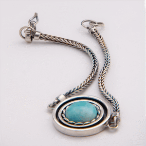 Peruvian Delight .950 sterling silver Medallion Stone Bracelet with round blue-green amazonite medallion, concentric rope-twist rings, braided wheat-link chain, hook clasp, handcrafted Peru, Virgo birthstone