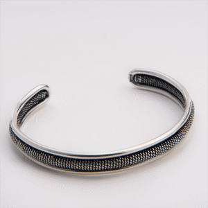 Peruvian Delight .950 sterling silver Weave open cuff bracelet with domed tubular arc, hand-woven oxidized mesh body, polished rail top edge and tapered open ends
