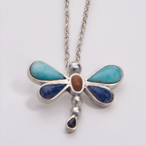 Peruvian Delight .950 sterling silver dragonfly pendant necklace with amazonite, sodalite, coral and obsidian stones on 18-inch rolo chain