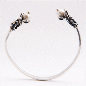 Peruvian Delight .950 sterling silver Freshwater Pearl Open Bangle Bracelet with twin freshwater pearl terminals in oxidized chainmaille wire collars on high-polish open cuff band