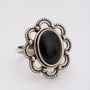 Peruvian Delight .950 sterling silver Bloom ring with bezel-set black obsidian cabochon, open-work floral scrollwork medallion frame, rope-twist border and ball accents