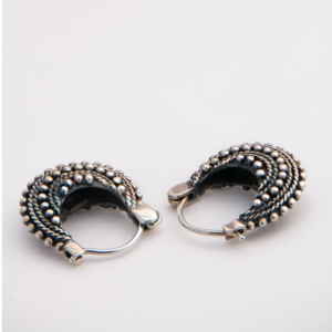 Peruvian Delight .950 sterling silver Andean Moon wide crescent hoop earrings with multi-row granulation beads and twisted rope wire, oxidized finish, hinged latch closure