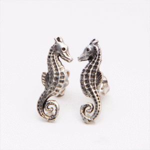 Peruvian Delight .950 sterling silver oxidized seahorse stud earrings with sculptural dotted body texture, articulated fins, and curled tail