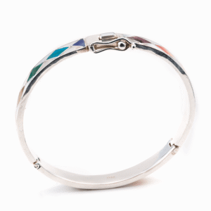Peruvian Delight .950 sterling silver Andean Stone Inlay Bracelet with diamond-shaped harlequin inlay in red coral, orange coral, purple coral, chrysocolla, sodalite, and mother of pearl