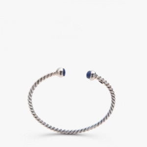 Peruvian Delight .950 sterling silver Twist open cuff bracelet with full twisted rope arc and deep blue sodalite cabochon terminals in polished ball settings