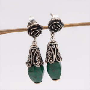 Peruvian Delight .950 sterling silver Rose Drop Earrings with oxidized rose stud, ornate bead cap, and faceted chrysocolla drop, butterfly backs