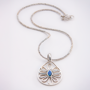 Peruvian Delight .950 sterling silver Opal Bloom Pendant Necklace with open filigree teardrop pendant, marquise Brazilian opal center, and sparkle beaded chain