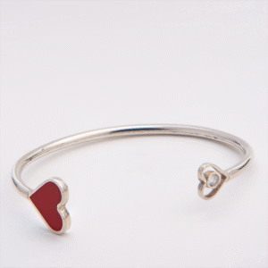 Peruvian Delight .950 sterling silver Sweetheart cuff bracelet with red enamel heart and cubic zirconia heart clasp, open adjustable cuff